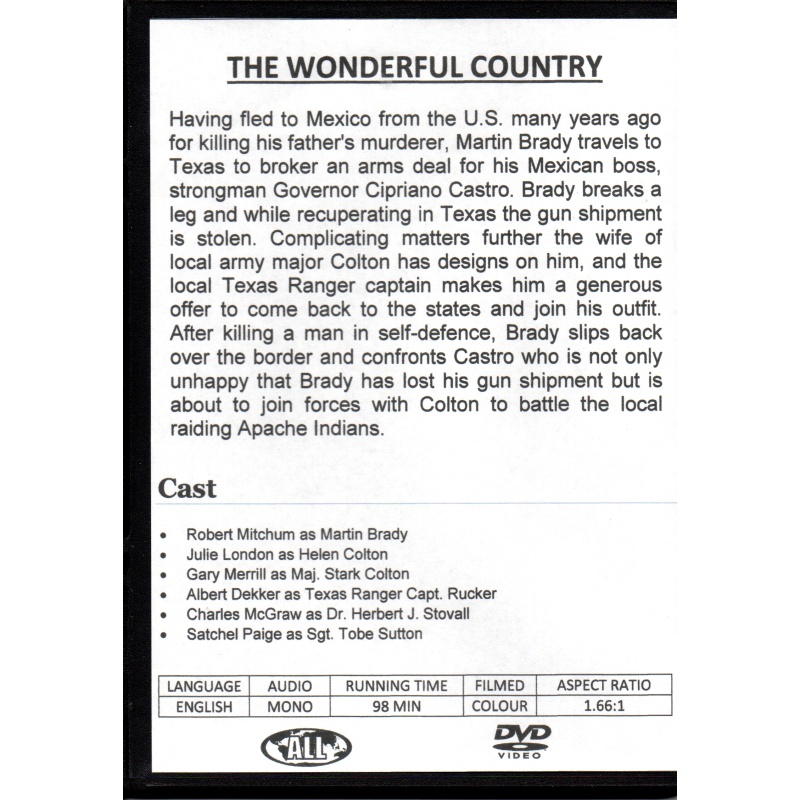 WONDERFUL COUNTRY - ROBERT MITCHUM & JULIE LONDON ALL REGION DVD