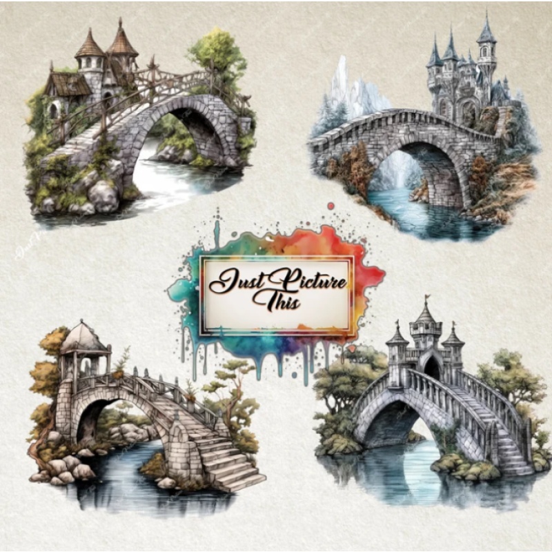 Bridge Clipart Fantasy Bridges Clipart Bundle Medieval Style Fairytale Bridges over the stream Stone Wooden Arch Tower River