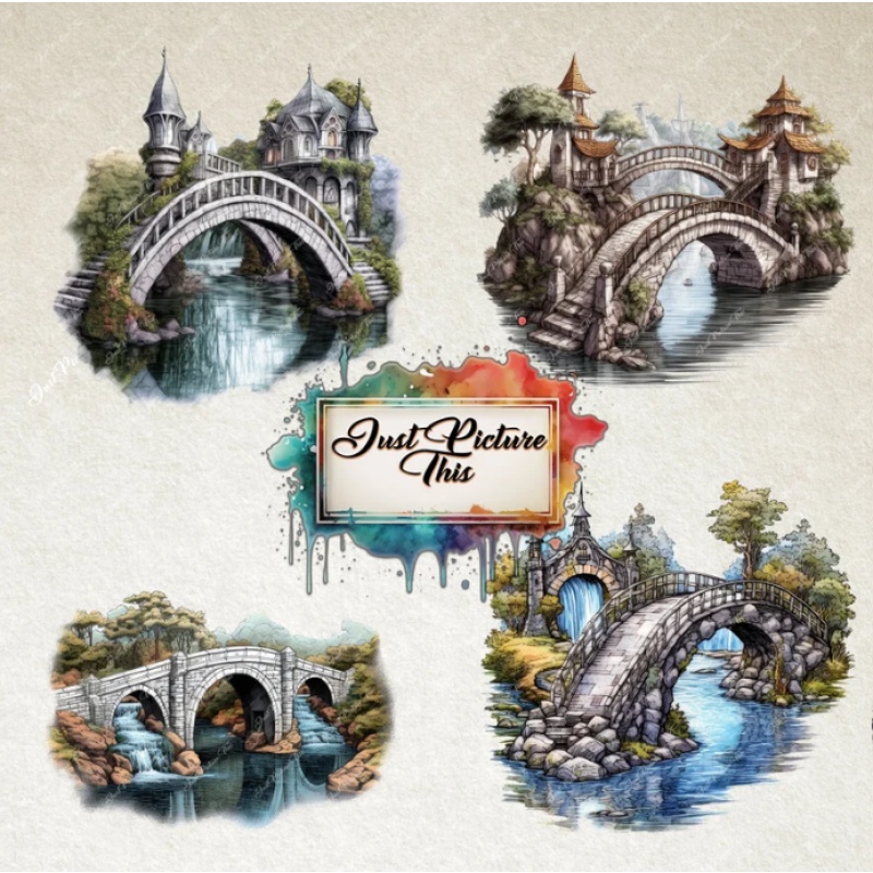 Bridge Clipart Fantasy Bridges Clipart Bundle Medieval Style Fairytale Bridges over the stream Stone Wooden Arch Tower River