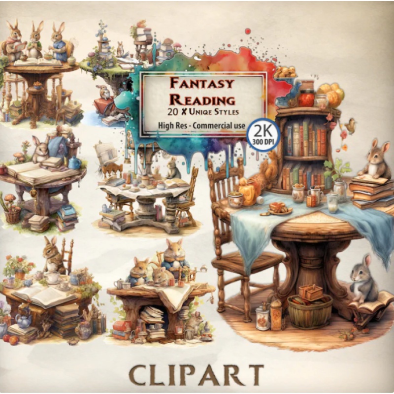 Fantasy Reading Clipart Vintage clipart bundle reading corner clipart reading book Cozy clipart kids reading clipart watercolor rabbits