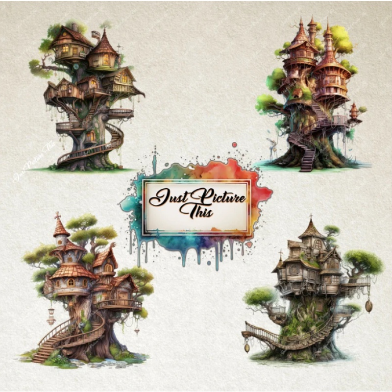 Treehouse Clipart Fantasy Forest Elf Village enchanted fairy tale forest mystical woodland tree house clipart bundle illustration.