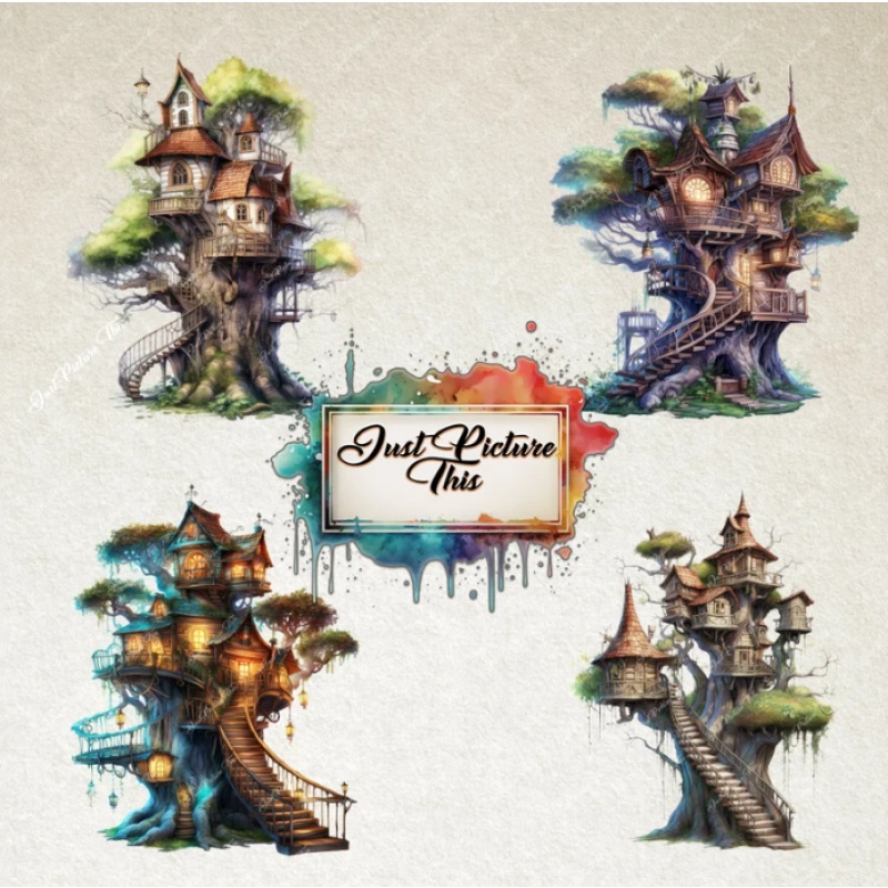 Treehouse Clipart Fantasy Forest Elf Village enchanted fairy tale forest mystical woodland tree house clipart bundle illustration.