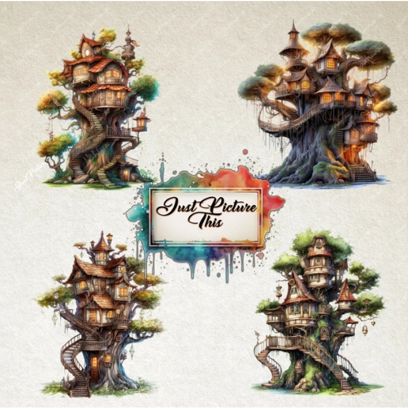 Treehouse Clipart Fantasy Forest Elf Village enchanted fairy tale forest mystical woodland tree house clipart bundle illustration.