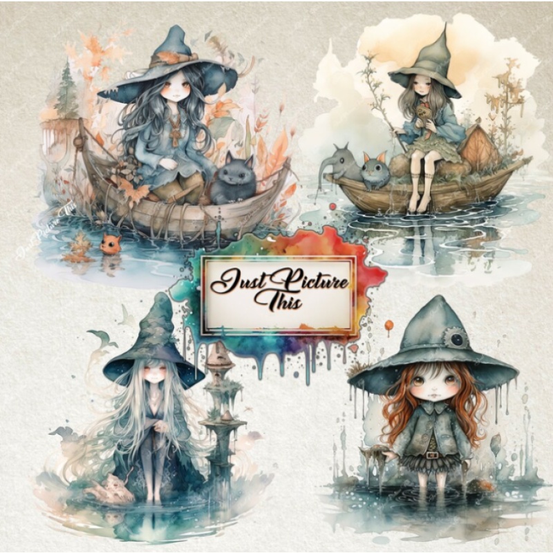 Watercolour Witch Clipart Bundle Fantasy Clipart Cute Kawaii Witchy Magical Witchcraft Academy Magical Commercial Use PNG File Transparent