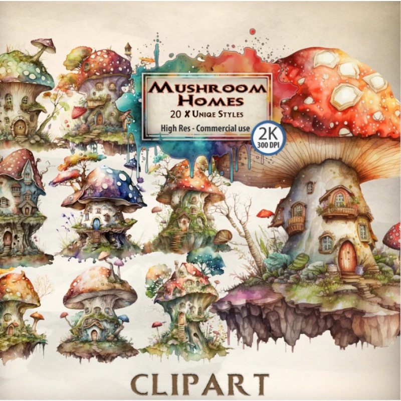 WaterColour ClipArt Fantasy Mushroom Houses clipart bundle commercial use PNG Format Instant Download Magical Mushroom Secret Door