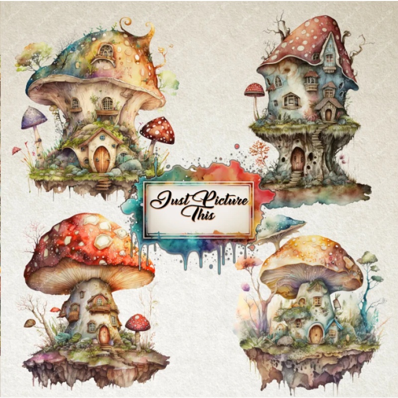 WaterColour ClipArt Fantasy Mushroom Houses clipart bundle commercial use PNG Format Instant Download Magical Mushroom Secret Door