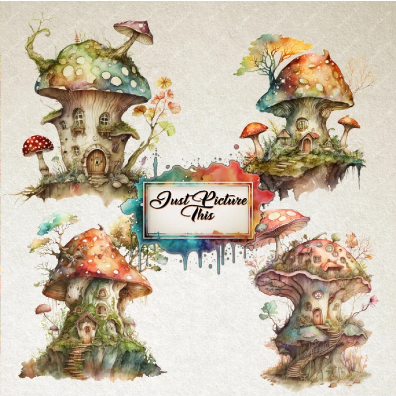 WaterColour ClipArt Fantasy Mushroom Houses clipart bundle commercial use PNG Format Instant Download Magical Mushroom Secret Door