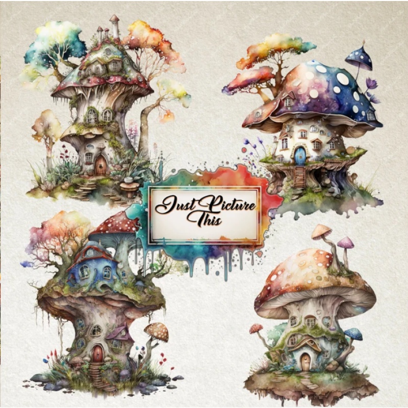 WaterColour ClipArt Fantasy Mushroom Houses clipart bundle commercial use PNG Format Instant Download Magical Mushroom Secret Door