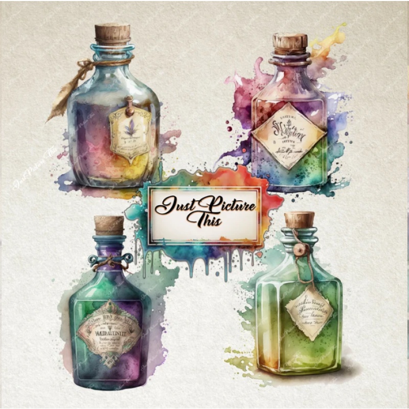 Apothecary bottles clipart Watercolor potion bottles Clipart Bundle Fairy Jars Enchanted labels Magic spooky witch Potions PNG Fantasy