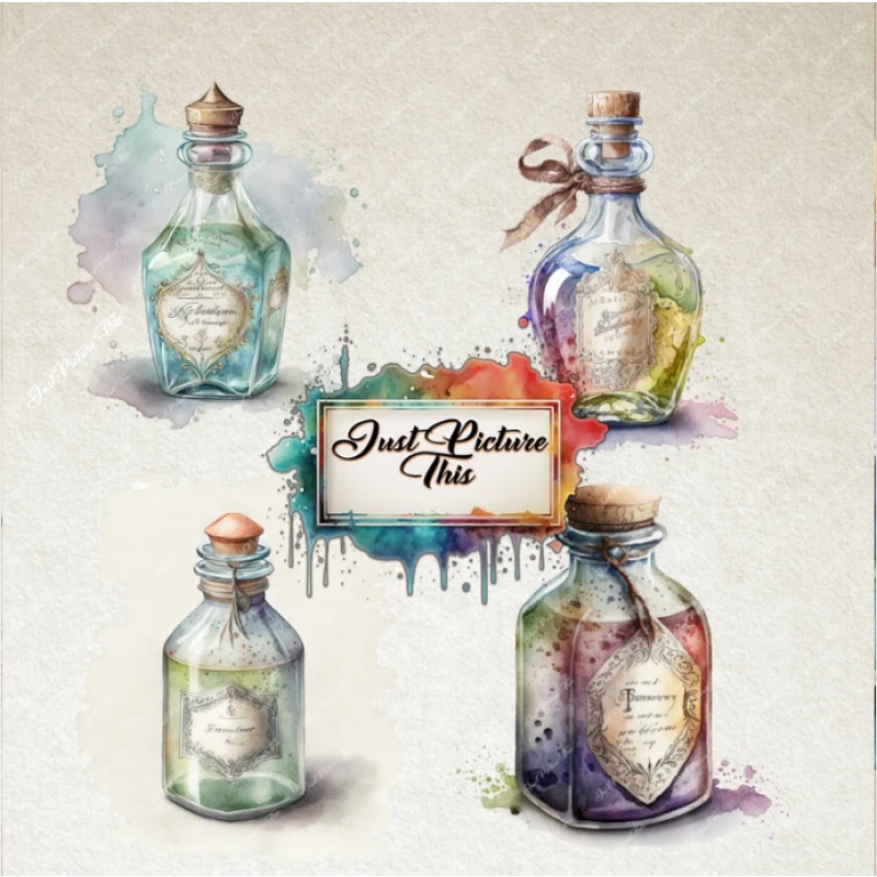 Apothecary bottles clipart Watercolor potion bottles Clipart Bundle Fairy Jars Enchanted labels Magic spooky witch Potions PNG Fantasy