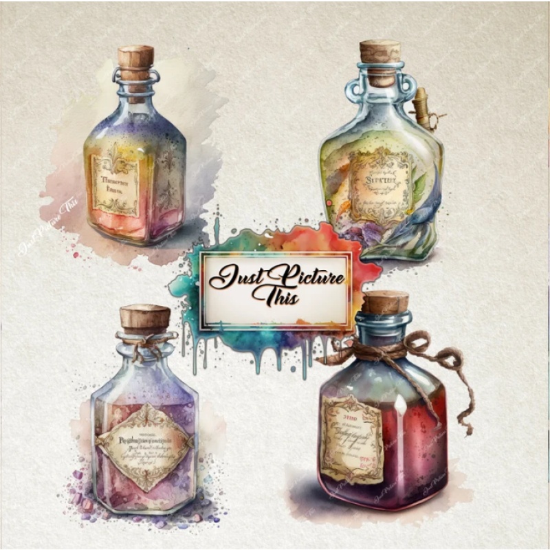 Apothecary bottles clipart Watercolor potion bottles Clipart Bundle Fairy Jars Enchanted labels Magic spooky witch Potions PNG Fantasy