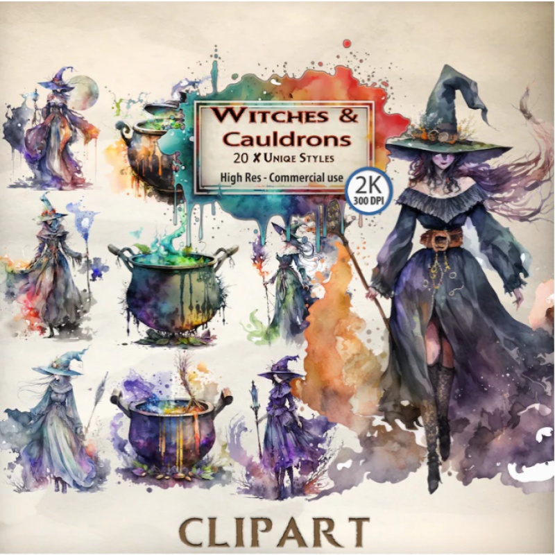 Witches & Cauldrons Clipart Watercolour Clipart Bundle Magical Cauldrons Fantasy clipart Witch Junk Journal gothic witch Commercial Use PNG