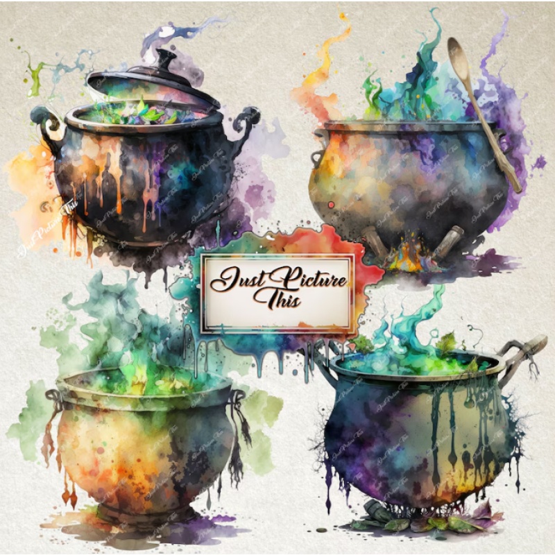 Witches & Cauldrons Clipart Watercolour Clipart Bundle Magical Cauldrons Fantasy clipart Witch Junk Journal gothic witch Commercial Use PNG