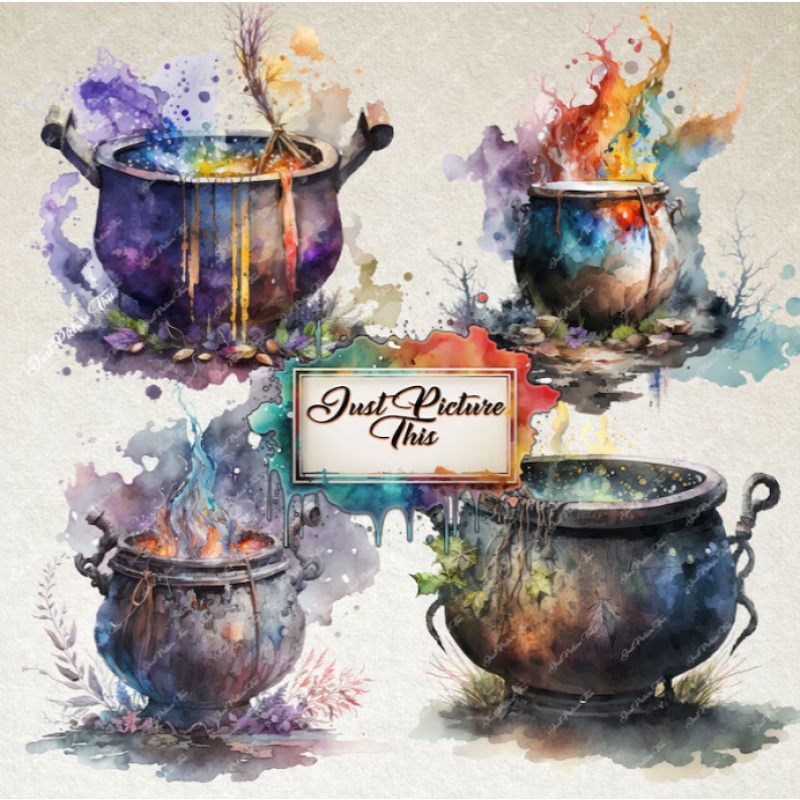 Witches & Cauldrons Clipart Watercolour Clipart Bundle Magical Cauldrons Fantasy clipart Witch Junk Journal gothic witch Commercial Use PNG